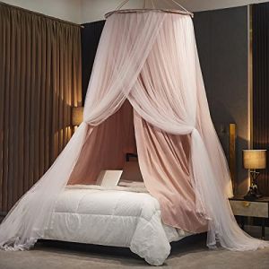 Kertnic Ciel de lit Luxueux pour Filles et Adultes – Auvent de Princesse Double Couche avec Dentelle, moustiquaire en dôme Rond pour Grand lit/très Grand lit (Rose) (tuohuidianzishangwu, neuf)