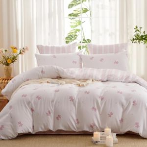 Freyamy Housse de Couette 140x200+1 Taie d'oreiller 65x65cm Blanc Rose Noeud Papillon Ado Parure de lit en Microfibre Sets de Housse Couette Adulte Filles avec Fermeture &Eacute;clair (Mitchell'SZ, neuf)