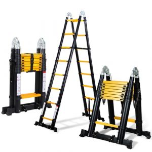 Ikodm Échelle télescopique pliante en aluminium - 5 m - Avec doubles roulettes amovibles - Charge maximale : 150 kg - Multifonction - Antidérapante - Noir et jaune (Welshine, neuf)