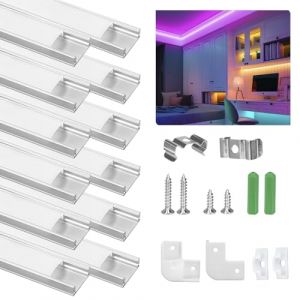 Profilé Aluminium LED, 12 x 1Mètre U Shape Profilés en Aluminium, Canaux et Diffuseurs LED avec Couvercle PC - Accessoires Complets, Compact Finition Professionnelle pour Ruban LED (Argent-U) (SenXingYan-FR, neuf)