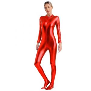 Freebily Combinaison Zentai M&eacute;tallique Carnaval Femme Justaucorps Gym Danse Dansante Discoth&egrave;que Zipp&eacute; Collant Unitard Complet Performance Clubwear S-3XL Rouge 3XL (MissPretty, neuf)
