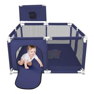 Grand Parc avec Grille de Protection,Parc pour B&eacute;b&eacute;, Modulable, Pliable,Grand parc pour enfant en bas &acirc;ge,50 Balles,Basketball Rack,Avec 4 Ventouses -126 * 126 * 66cm-Bleu marine (Hechheu, neuf)