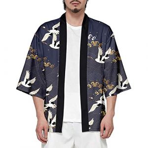 CIZEUR Kimono Japonais Homme Veste Vintage Chinese Style Casual Chemise Homme Manches 3/4 Taille Grande, 6XL Beaucoup de grues Immortelles (Cizeu, neuf)