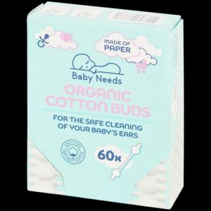 Baby Needs &ndash; Coton-Tiges B&eacute;b&eacute;/Organic Cotton Buds &ndash; S&eacute;curis&eacute;s & &Eacute;cologiques &ndash; Safe Anti-Penetration Tips &ndash; 60 pcs &ndash; Tiges Papier/Paper Sticks &ndash; Sans Plastique/Plastic-Free (Candela Divina, neuf)