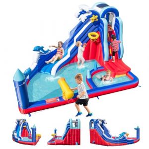 GOPLUS Château Gonflable Enfants sur Thème Dauphins, Parc Aquatique avec Toboggans, Mur d'escalade, Piscine à Jet, Canon, Panier de Basket, Aire de Jeux 3-10 Ans (sans Souffleur) (Augenstern24, neuf)