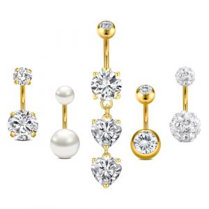 AceFun Piercing Nombril Court en Acier Inoxydable 14G 8mm pour Femme - CZ Perle Anneaux Ventre Cœur (Or) (Piercing Jewelry, neuf)