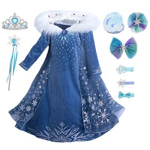 YOSICIL Fille Robes Princesse Elsa Enfant Reine des Neiges Manche Longue Cape Robes Costume Carnaval Déguisement Fête Soirée Noël Cosplay d'Anniversaire Halloween avec Accessoires,Bleu,150 (YOSICIL., neuf)