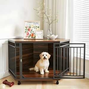 VOWNER Cage d'angle pour Chien, Cages Décorative en Bois Chien Interieur, Meuble pour Cages avec Double Serrure, pour Chiens de Petite et Moyenne Taille, 110 x 66 x 60 cm (KPRservice store, neuf)