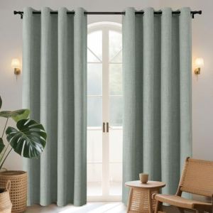 Joydeco 100% Rideau Occultant Thermique Isolant Anti Froid et Chaleur 140x220cm 2 Pi&egrave;ces, Rideaux Opaques Effet Lin &agrave; Oeillets Anti UV Anti Bruit, Decoration Chambre Maison Salon - Vert Sauge (joydeco, neuf)