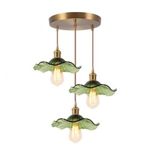 DLGLOLIN Suspension en Verre Vert Fleur Vintage Laiton Dor&eacute; 3 T&ecirc;tes Lustre Salon Moderne &Eacute;clairage de Plafond Art D&eacute;co Int&eacute;rieure Suspendues Pour Salle &agrave; Manger Chambre Cuisine (DLGLOLIN, neuf)