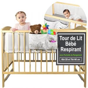 Tour de Lit Bébé avec Pochette de Rangement - Contour de Lit Bébé 60x120 et 70x140 cm à Lattes 3 à 4 Côtés - Tour de Lit Respirant Conforme à la Norme de Sécurité NF EN 16780 - Couleur Blanc Étoilé (SweetComfort, neuf)