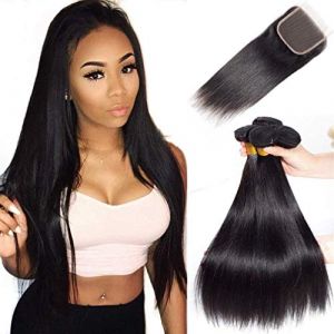 Tissage Naturel Cheveux Humain lisse tissage bresilien avec closure tissage Cheveux Naturel straight Human Hair Bundles with closure Couleur Noire Naturelle 16 18 20+14 Pouce (fulgent sun hair store, neuf)