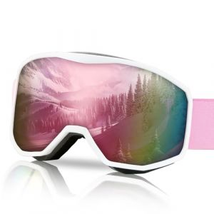 NewBEP Masque de ski et de snowboard - Protection UV anti-bu&eacute;e pour ski de plein air - Lunettes de ski OTG pour hommes, femmes et jeunes (cadre blanc - lentille rose) (BlackJ, neuf)