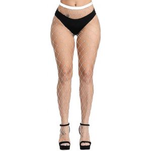 CozyWow Collants r&eacute;sille pour femme - &Eacute;lastique - Taille haute - Filet de p&ecirc;che - Collants charmants - Jarreti&egrave;re haute pour femme, Grand trou blanc, taille unique (COZYWOW, neuf)