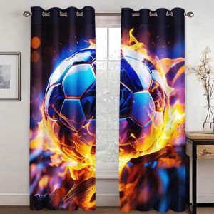 WEQEER Rideaux occultants &agrave; &oelig;illets - Motif football 3D - Bleu - Motif football - Pour enfant - Pour chambre &agrave; coucher (2,150 x 166 cm - 2 x 75 x 166 cm) (LWZDHOU, neuf)