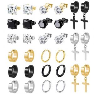 BVLAGIDA 15 Paires Boucle d'Oreille Homme, Boucle d'Oreille Acier Inoxydable, Argent Noir Or Clous d'Oreilles, Boucle d'Oreille Cr&eacute;ole, Boucles d'Oreilles Zircon pour Homme Femme (MULIU official, neuf)