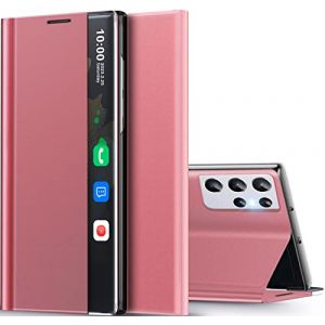 Qissy Coque S21 Ultra pour Samsung S21 Ultra Etui Clear View Cover &agrave; Rabat &Eacute;tui Housse Galaxy s21Ultra Mince Flip Folio B&eacute;quille Stand Support Coque pour Samsung Galaxy S21 Ultra 5g Case (Rose) (Qissy-FR, neuf)
