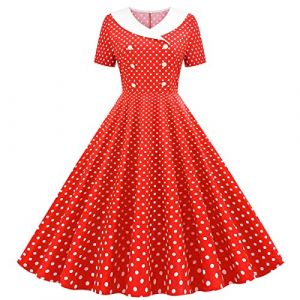 Robe vintage à pois pour petite femme, robe patineuse style années 50 Rockabilly avec boutons sur le devant, élégante robe trapèze à col en V et manches courtes, longueur genou, Rouge, M (GMYMY, neuf)