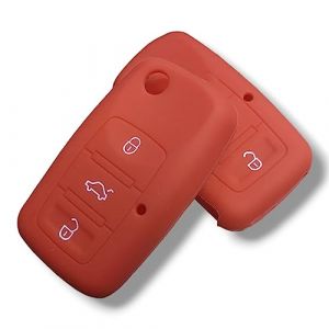 Coque de cl&eacute; compatible avec Volkswagen VW Golf Passat Polo compatible avec Seat Ibiza Leon Skoda Silicone Caoutchouc 3 Touches Porte-cl&eacute;s Coque Souple Protection T&eacute;l&eacute;commande Voiture (Rouge) (Car_Passion2013, neuf)