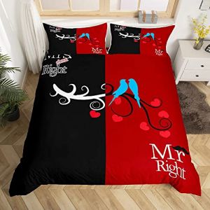 Homemissing Mr Mrs Parure de Lit 220x240cm Noir Rouge Creative Funny Quotes Parure Housse de Couette Couple Hommes Femmes Bonheur Love Birds Housse de Couette Romantique Mariage Th&egrave;me Chambre D&eacute;cor (Bofanshangmao, neuf)