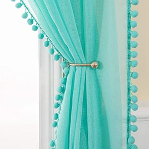 MIULEE Rideau Voilage à Pompons-Voilage Turquoise a Oeillets Lot de 2 (2XL140 x H 175 cm), Beaux Rideaux Décoratif Chambre Bebe, Voilage Fenetre Intérieurs Salon, Rideau avec Boule Peluche (MIULEE HOME, neuf)