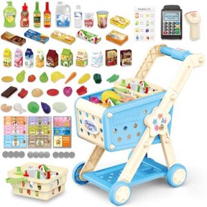 RedCrab Chariot de Courses Enfant avec Scanner, 74 Pcs Accessoires de Magasin, Go&ucirc;ter, Fruits et L&eacute;gumes, Jeu de R&ocirc;le de Jouet &Eacute;ducatif Cadeau pour Gar&ccedil;ons et Filles 3+ Ans (Bleu) (RedCrab -EU, neuf)