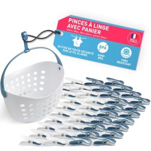 culiclean Pince a Linge Soft Clips – Panier Epingle a Linge – Fabriqué en France – Blanc-Bleu avec Panier Blanc – Lot de 40 Pinces + 1 Panier (ISC Brands, neuf)