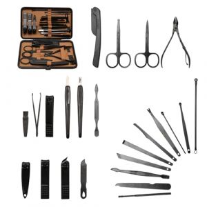 Ensemble de Coupe-Ongles 24 en 1, Outils Professionnels de Soin des Ongles en Acier Inoxydable, Livr&eacute; avec un &Eacute;tui de Voyage en Cuir Marron (HaiHeChaoJin, neuf)
