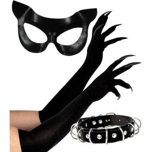 Masque Chat Halloween Noir avec Gants et Ongles Longs, Collier en Cuir, Masque V&eacute;nitien Sexy Femme, Carnaval Bo&icirc;te de Nuit (Clorisun Image CO Limited, neuf)