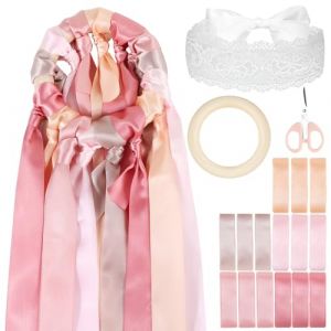 Ensemble de Jeu du Ruban Ronde des Rubans Mariage 15pcs Ruban Satin Bandeau de Yeux Dentelle Anneau Bois Inclus Bouquet Marriage Cadeau EVJF Decoration de Mariage (Rose) (A Mi A Mi Hong, neuf)