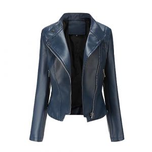 YYNUDA Blouson Cuir Biker Revers Veste Motard Femme Jacket Bombers Aviateur L&eacute;ger Manteau Moto Printemps/Automne Bleu L (YYNUDA Store, neuf)