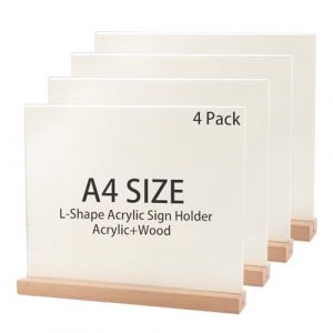 APACALI 4 Pièces Présentoirs de table Acrylique, A4 Porte-affiches Acrylique Transparent, Chevalet de Table Avec base en bois, Support Menu, Support de Livre, Support de Marchandises (APACALI, neuf)