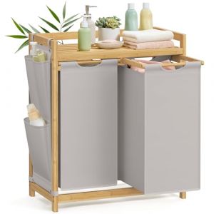 SONGMICS Panier à Linge, avec 2 Compartiments, Corbeille à Linge Sale, en Bambou, Capacité de 100 Litres, avec Étagère, Poches Latérales, 2 x 50 L, 63 x 33 x 78 cm, Gris Tourterelle RLH100G02 (SONGMICS HOME FR, neuf)