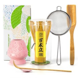 TEANAGOO Lot de 6 fouets &agrave; matcha traditionnels, fouet &agrave; 100 dents avec support en fleur de cerisier rose, cuill&egrave;re &agrave; th&eacute;, chasen en bambou, accessoire de c&eacute;r&eacute;monie, cadeau pour ami/famille (TEANAGOO, neuf)