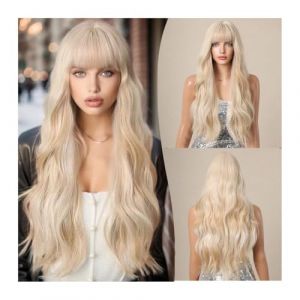 Perruque de cheveux humains haut de gamme, Frange blanc style doré grande vague cheveux longs bouclés moelleux visage coupe perruque couverture complète perruque, aspect naturel et port confortable (WangCaiXia SHOP, neuf)