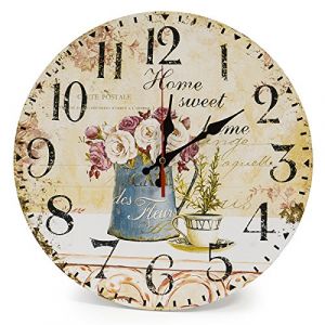 LOHAS Home 30cm Vintage Horloge Murale Rustique, silencieuse en Bois Cadran Horloge minuteur pour la Maison Salon Chambre Bureau Café Bar Decor (Café et Fleur) (LinkingArk EU, neuf)