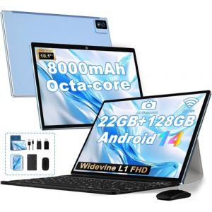 Biegedy Tablette Android 14 Tablette 10 Pouces 22Go RAM + 128Go ROM(2To Extensible), Octa-Core, GMS Tablette Tactile, WiFi 6, 5G Wi-FI, Widevine L1, 8000mAh, GPS, Tablettes avec Clavier-Bleu (EURO COMMERCE 2025 BSEC, neuf)