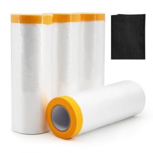 Yuaerbuo 4 Rouleau Bache Protection Peinture avec Adhesif et Chiffon de Nettoyage, 270cm*20m Transparente Bache de Protection Peinture en Rouleau B&acirc;che Peintures avec Scotch pour Sol Automobile Meuble (Yuaerbuo-FR, neuf)