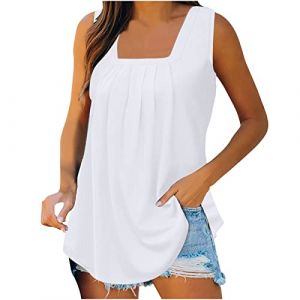 DéBardeur Blanc Femme ÉTé Top Chic Haut sans Manche Col Carré Chemise Fluide Ample Camisole Top Tee Camisole Chic Doux Respirant Tank Tops Casual ÉLéGant Couleur Unie Tunique Blouses (HAOLEI  FR, neuf)