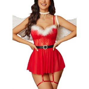 Avidlove Ensemble de Lingerie Sexy pour Femme Nuisette de Noël en Dentelle Lingerie Père Noël avec Jarretelles Nuisette séduisante Robe Rouge L (Avidlove direct, neuf)