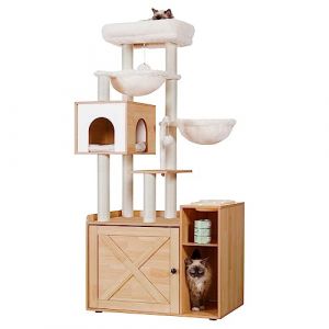 Hey-Brother Arbre pour Chats avec Bac à Aable pour Chats, Arbre à Chat de Style Moderne, Equipé d'une Grande Plateforme, d'un Plateau d'alimentation et de Deux Hamacs, Noyer EMPJ115WB (Hey-brother, neuf)
