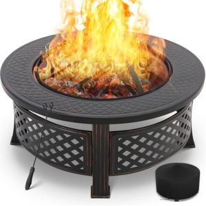 Braséro Barbecue Exterieur avec Housse de Protection, 3 en 1 Cheminée de Jardin, 80x80x54cm, Chauffage en Hiver, avec Grillage de BBQ galvanisé, Pare-Étincelles, Fourche à feu (PURERULE, neuf)