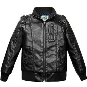 LSHEL Mode Veste en Simili Cuir Blouson Zipper Manteau Motard Enfants Gar&ccedil;ons Veste en Cuir PU 2-12 Ans Enfants Gar&ccedil;ons, Noir, 15-16 Ans (LSHDCER-EU, neuf)