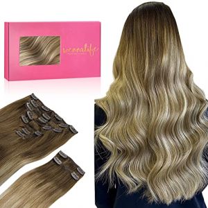 WENNALIFE Extension a Clip Cheveux Naturel, 150g 35cm 9pcs Ombre Brun Noisette à Brun Cendré et Blond Décoloré Extension Cheveux Naturel Extension Cheveux Naturel Clip Extension Clip Cheveux Naturel (wennalife-FR, neuf)