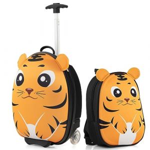COSTWAY Valise Enfants à roulettes 16” et Sac à Dos 12”, Ensemble de Bagages Enfant avec Poignée Rétractable 58-74CM, Bagage à Main avec Motif Mignon pour Voyage École 30x21x40CM (Tigre2) (FDS GmbH, neuf)