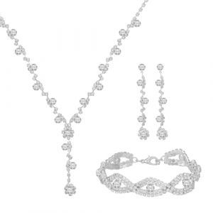 Emibele Parure de Bijoux pour Femme, Collier avec Pendentif en Cristal Strass, Bracelet à Maillons & Boucles d'Oreilles Élégants, Bijoux de Main Exquis pour Mères Filles Adolescents, Argent (Buyjoyful, neuf)