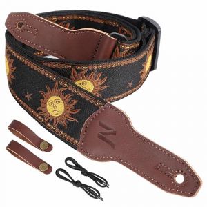 Nefelibata Sangle de guitare pour banjo, 5,1 cm de large, en cuir de vachette pleine fleur, réglable, sangle de guitare multi-motifs avec corde et bandeau en cuir (broderie Dieu du soleil) (QianYu EU, neuf)