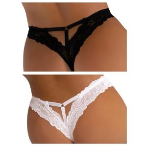 ohyeahlady String Femme Sexy Chic Hot Culottes et Slips Lot Tanga Dentelle Grande Taille Lingerie Sexy T-Back Thongs G Strings sous vêtement Lot de 2(M-L,Noir-Blanc) (ohyeahlady, neuf)