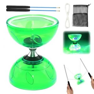 KUWUNG Diabolo LED avec roulement à billes, 4,5 mm - Diabolo lumineux - Kit de jonglage avec baguettes manuelles - Roue libre - Outil de cirque pour adultes, débutants et professionnels (vert) (KUWUNG, neuf)