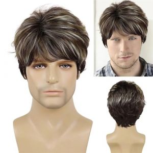 perruque pour hommes Perruque de Cosplay synthétique naturelle résistante à la chaleur for homme, perruque courte bouclée noire mélangée de cheveux gris for homme, perruque cadeau for père cheveux rai (yichangljxiu, neuf)